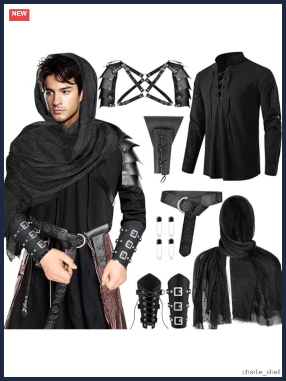 Fasouna Men's Renaissance Costume Set 7pc Medieval Pirate Shirt Belt Armor